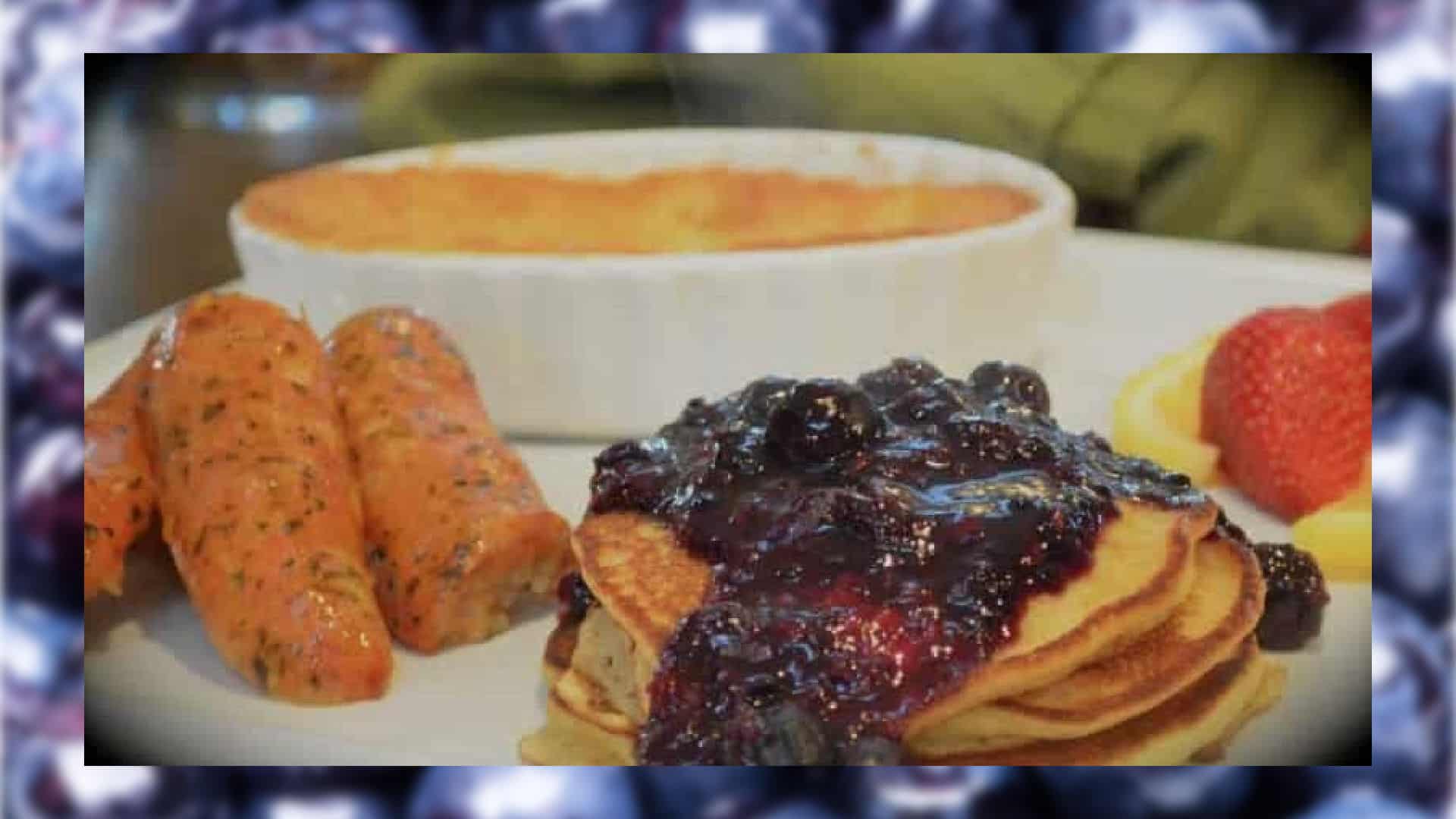 Blueberry Pancakes with blueberry compote, sausage