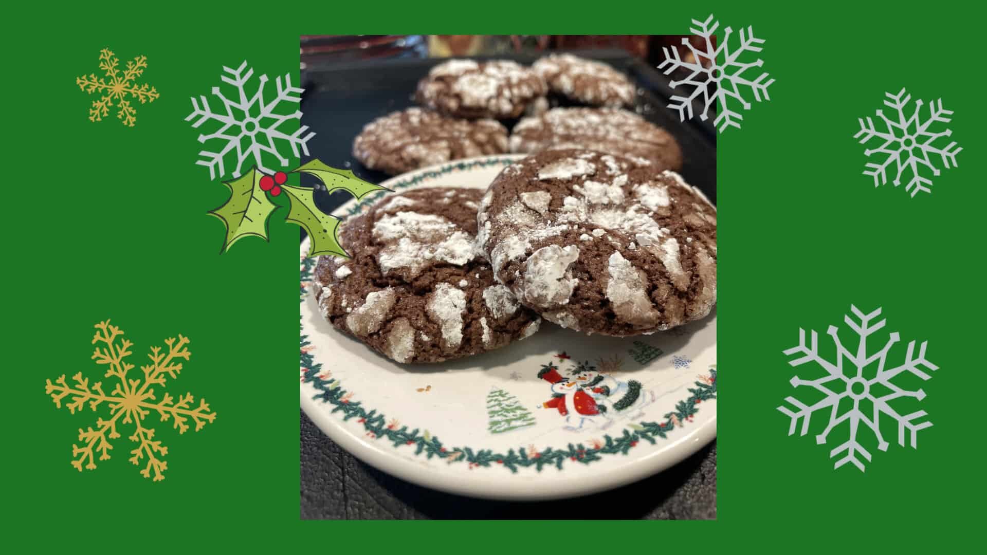 Chocolate Crinkle Cookies on a white plate banner