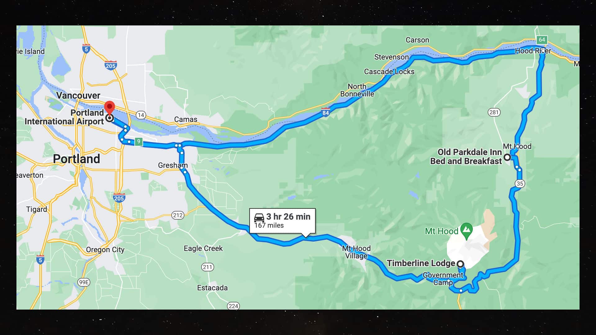 Map of the Mt Hood loop from Portland to the Old Parkdale Inn