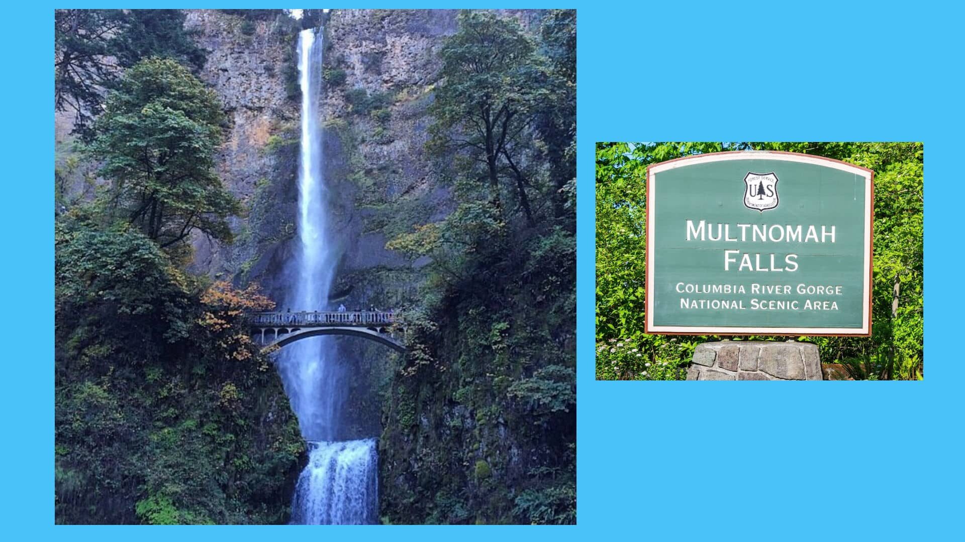 Blue banner with photo off Multnomah Falls and sign