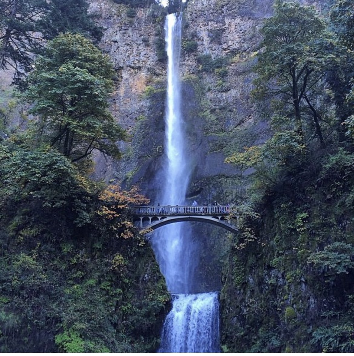 Multnomah Falls and the Benson Bridge in the Columbia River Gorge