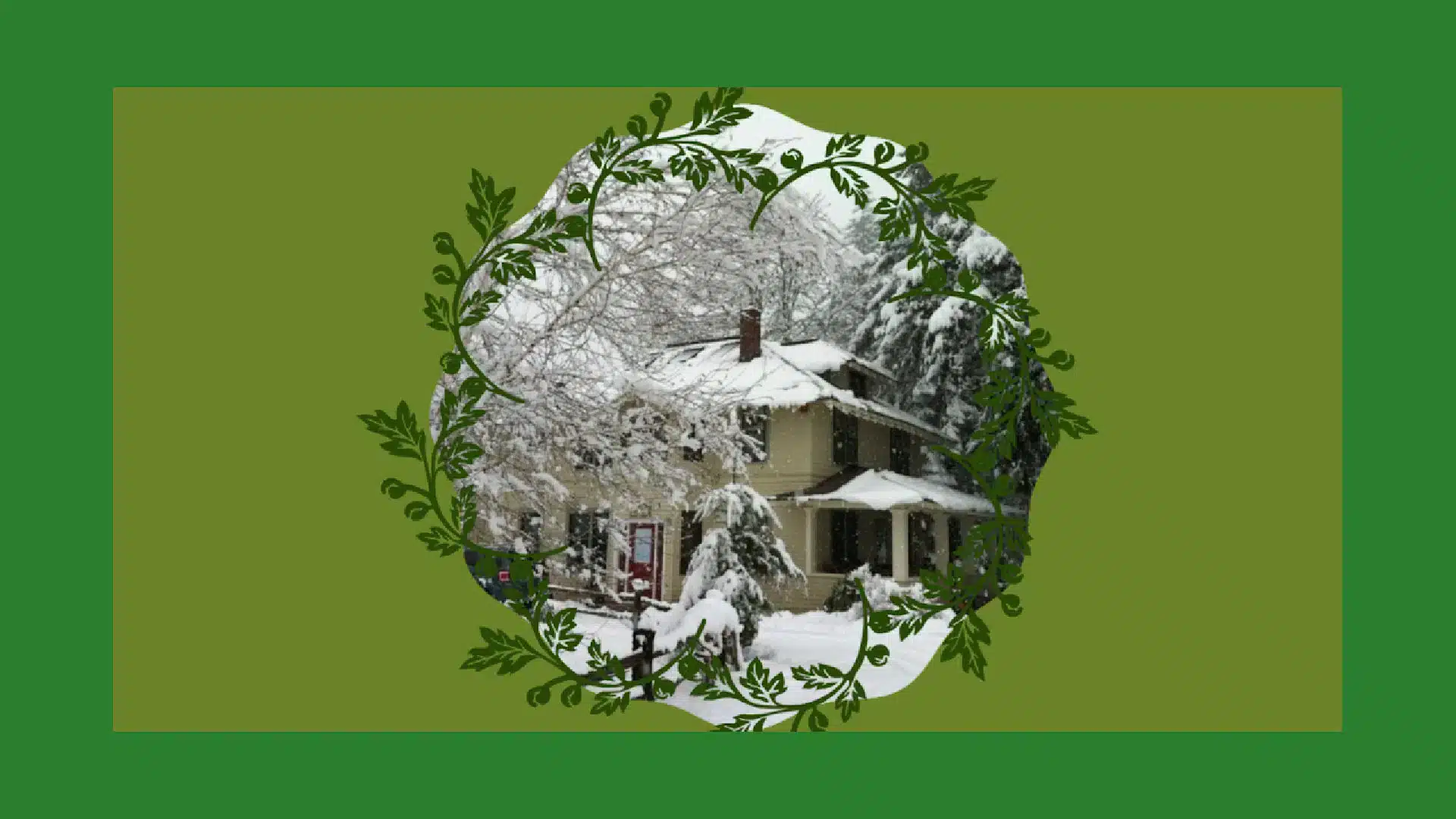 Old Parkdale Inn in the snow within a wreathe garland - green background