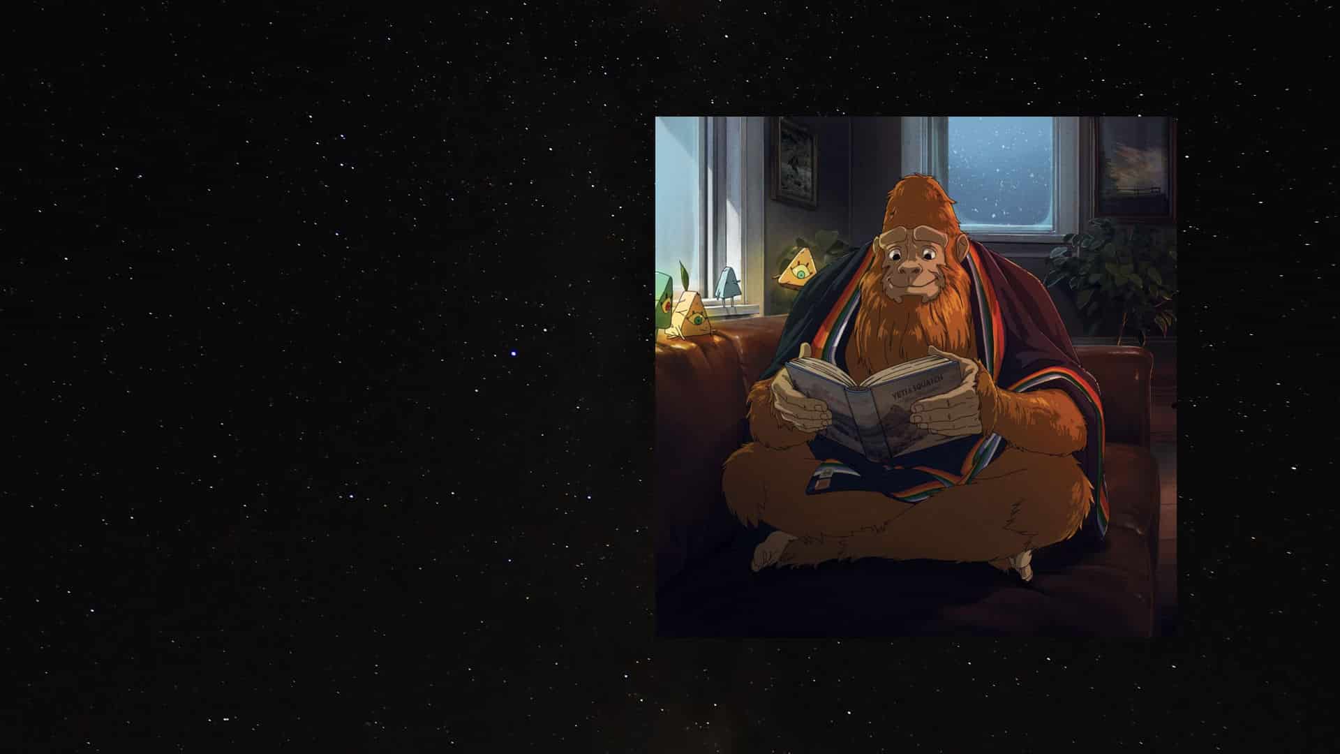 Squatch Reads a book in the quiet of winter