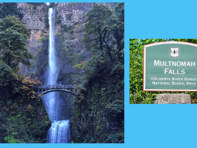 Blue banner with photo off Multnomah Falls and sign